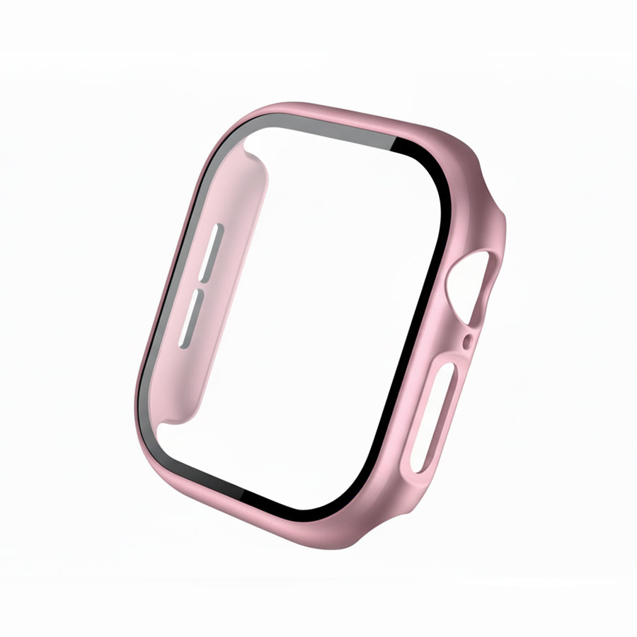 metallic pink Colour made from polycarbonate material protector with a strong built in tempered glass screen to protect your apple watch series 11 42mm and 46mm from damage displayed on a tilted angle