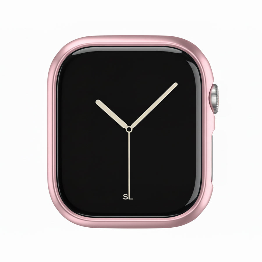 metallic pink Colour made from polycarbonate material protector with a strong built in tempered glass screen to protect your apple watch series 11 42mm and 46mm from damage displayed on a tilted angle