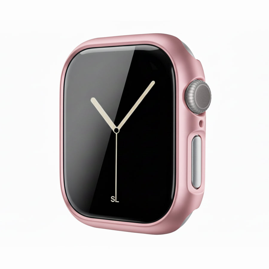 metallic pink Colour made from polycarbonate material protector with a strong built in tempered glass screen to protect your apple watch series 11 42mm and 46mm from damage displayed on a tilted angle