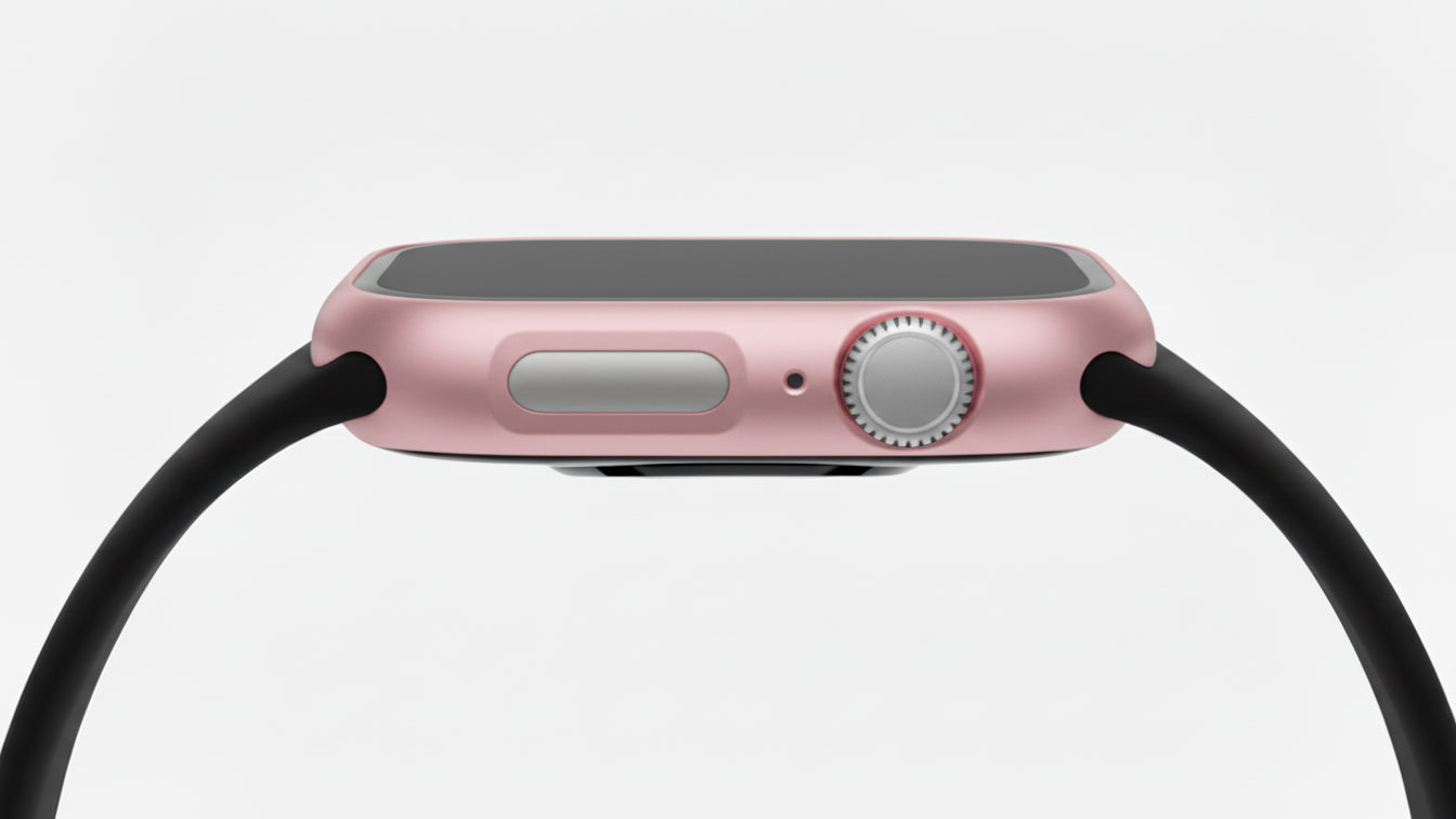 metallic pink Colour made from polycarbonate material protector with a strong built in tempered glass screen to protect your apple watch series 11 42mm and 46mm from damage displayed on a tilted angle