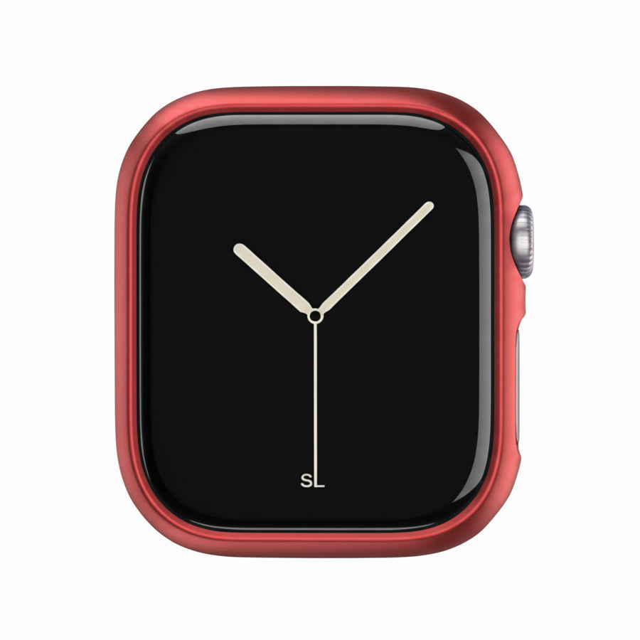 metallic red Colour made from polycarbonate material protector with a strong built in tempered glass screen to protect your apple watch series 11 42mm and 46mm from damage displayed on a tilted angle