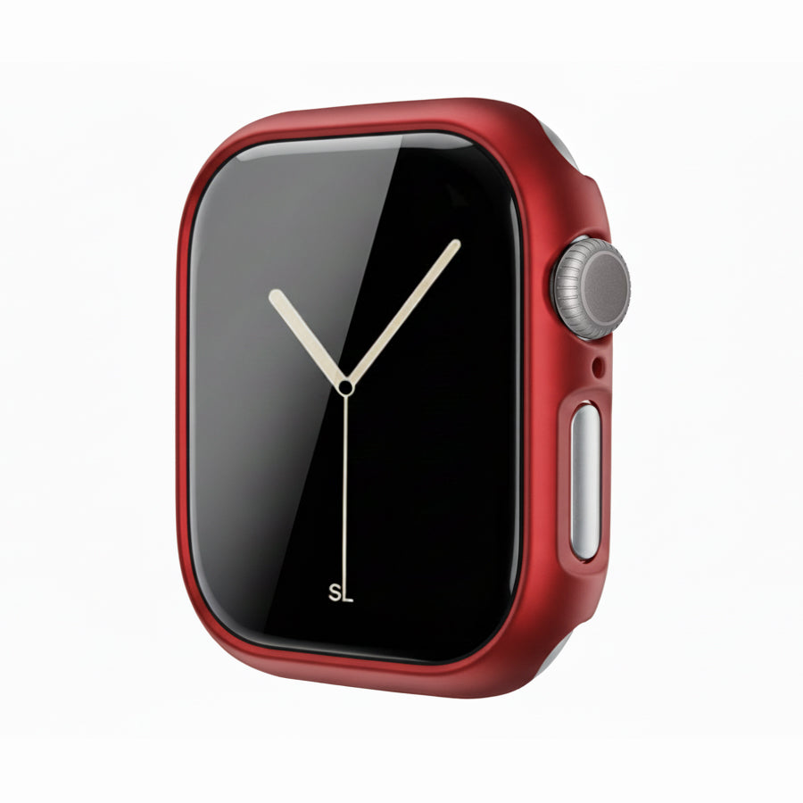 metallic red Colour made from polycarbonate material protector with a strong built in tempered glass screen to protect your apple watch series 11 42mm and 46mm from damage displayed on a tilted angle