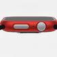 metallic red Colour made from polycarbonate material protector with a strong built in tempered glass screen to protect your apple watch series 11 42mm and 46mm from damage displayed on a tilted angle