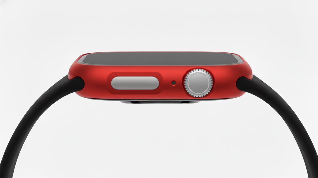 metallic red Colour made from polycarbonate material protector with a strong built in tempered glass screen to protect your apple watch series 11 42mm and 46mm from damage displayed on a tilted angle