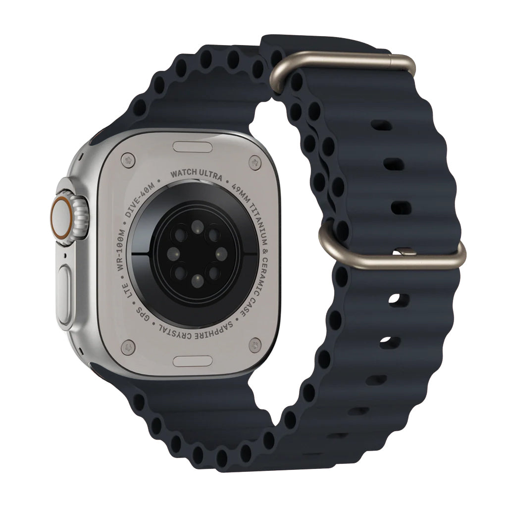 A midnight blue colour watch strap band made from silicone  with two metal buckles on an Apple watch series 10 42mm/ 45mm/ 46mm and ultra 2 designed for the ocean and active sports