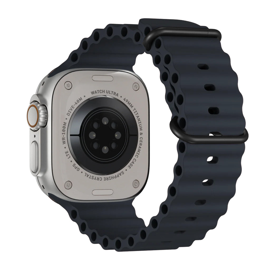 A midnight blue colour watch strap band made from silicone  with two metal buckles on an Apple watch series 10 42mm/ 45mm/ 46mm and ultra 2 designed for the ocean and active sports