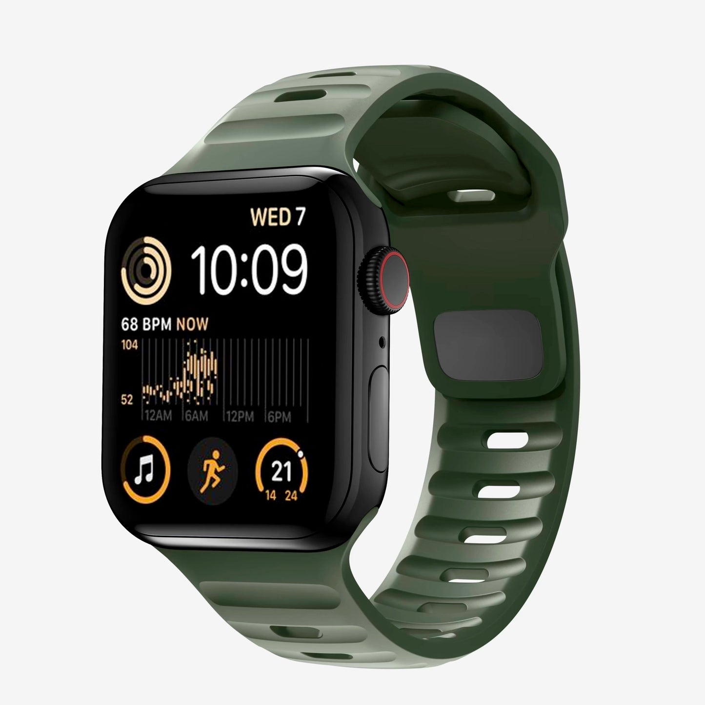 A army green colour silicon watch strap on an apple watch series 8 45mm for active sports