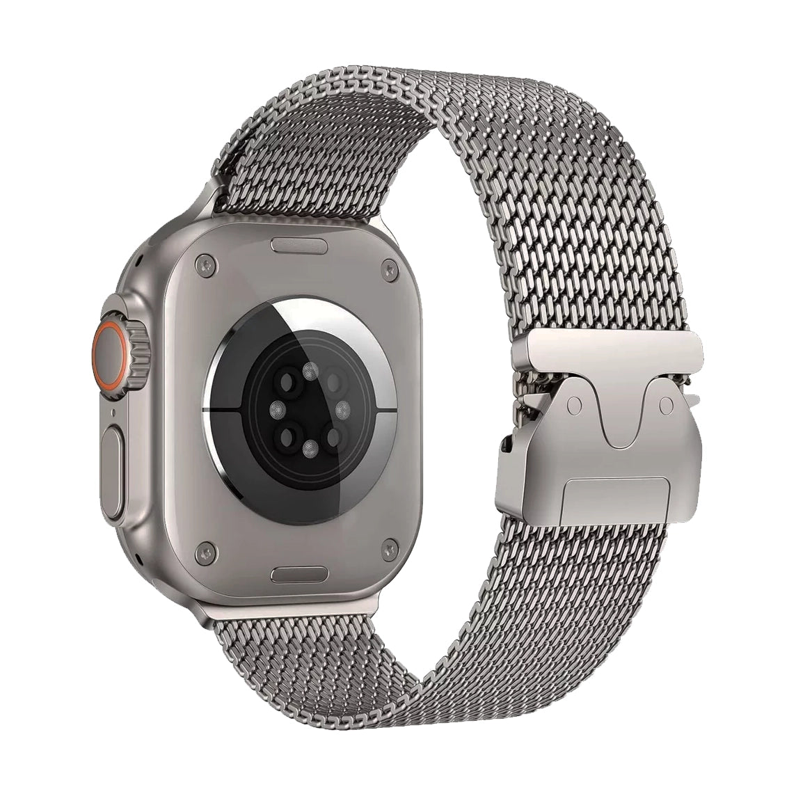 A natural titanium colour looking watch strap band inspired by the titanium metal milanese for Apple watch series 10 and Ultra 2