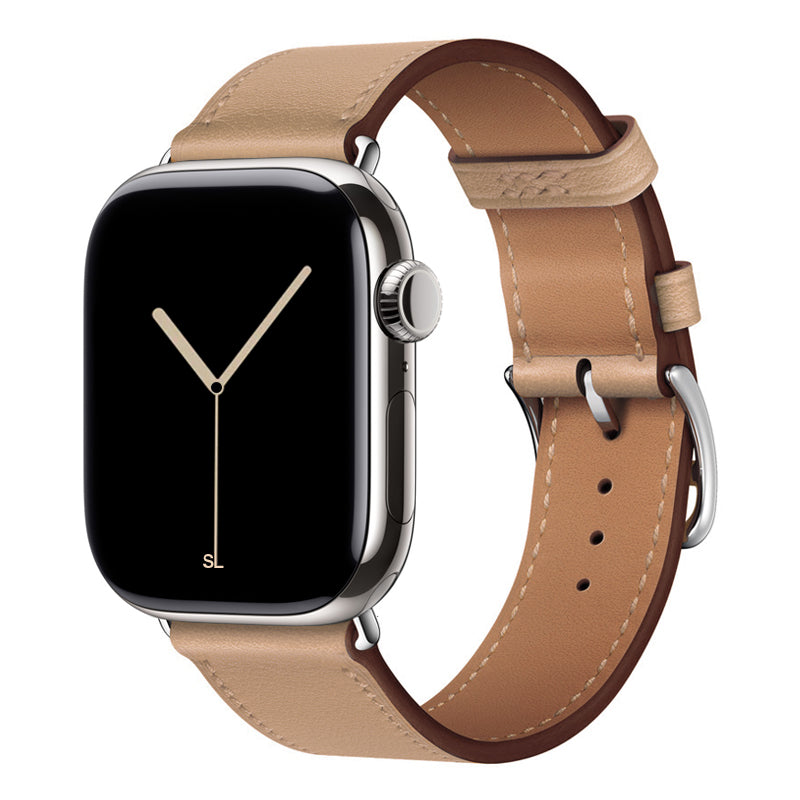A handmade light brown  with natural sable stitching genuine leather single tour watch strap on an apple watch series 11 42mm and 45mm and 46mm.