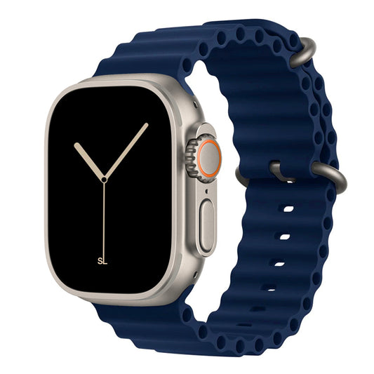 A navy colour watch strap band made from silicone  with two metal buckles on an Apple watch series 10 42mm/ 45mm/ 46mm and ultra 2 designed for the ocean and active sports