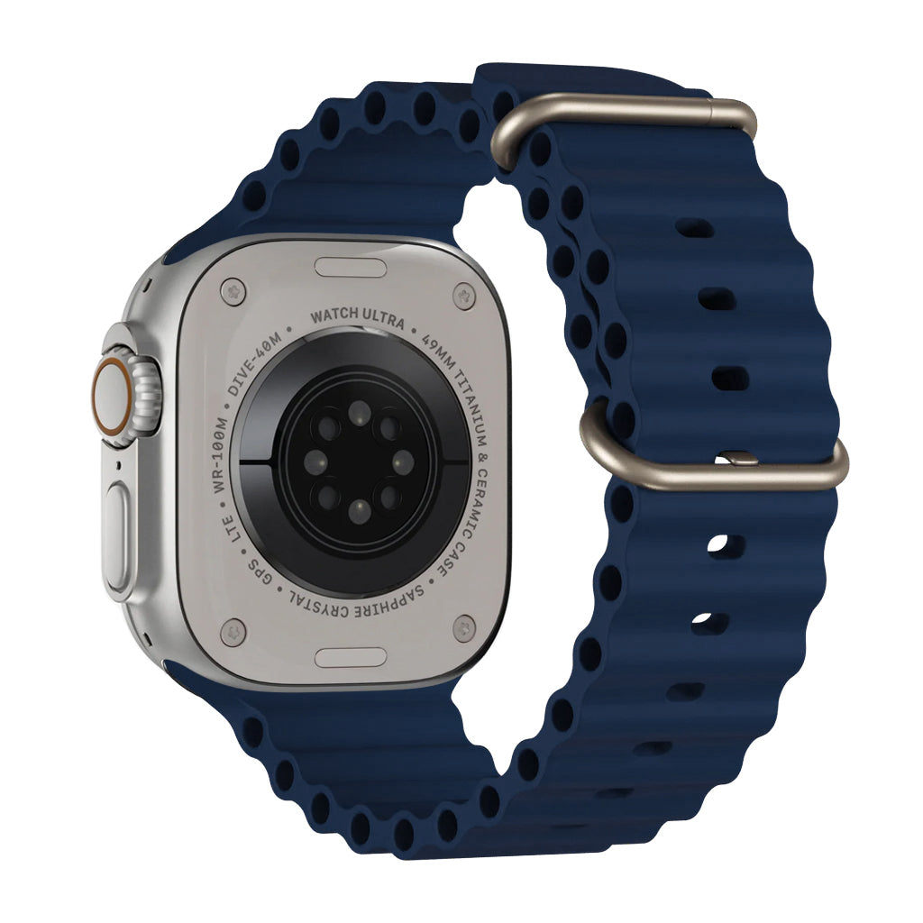 A navy colour watch strap band made from silicone  with two metal buckles on an Apple watch series 10 42mm/ 45mm/ 46mm and ultra 2 designed for the ocean and active sports