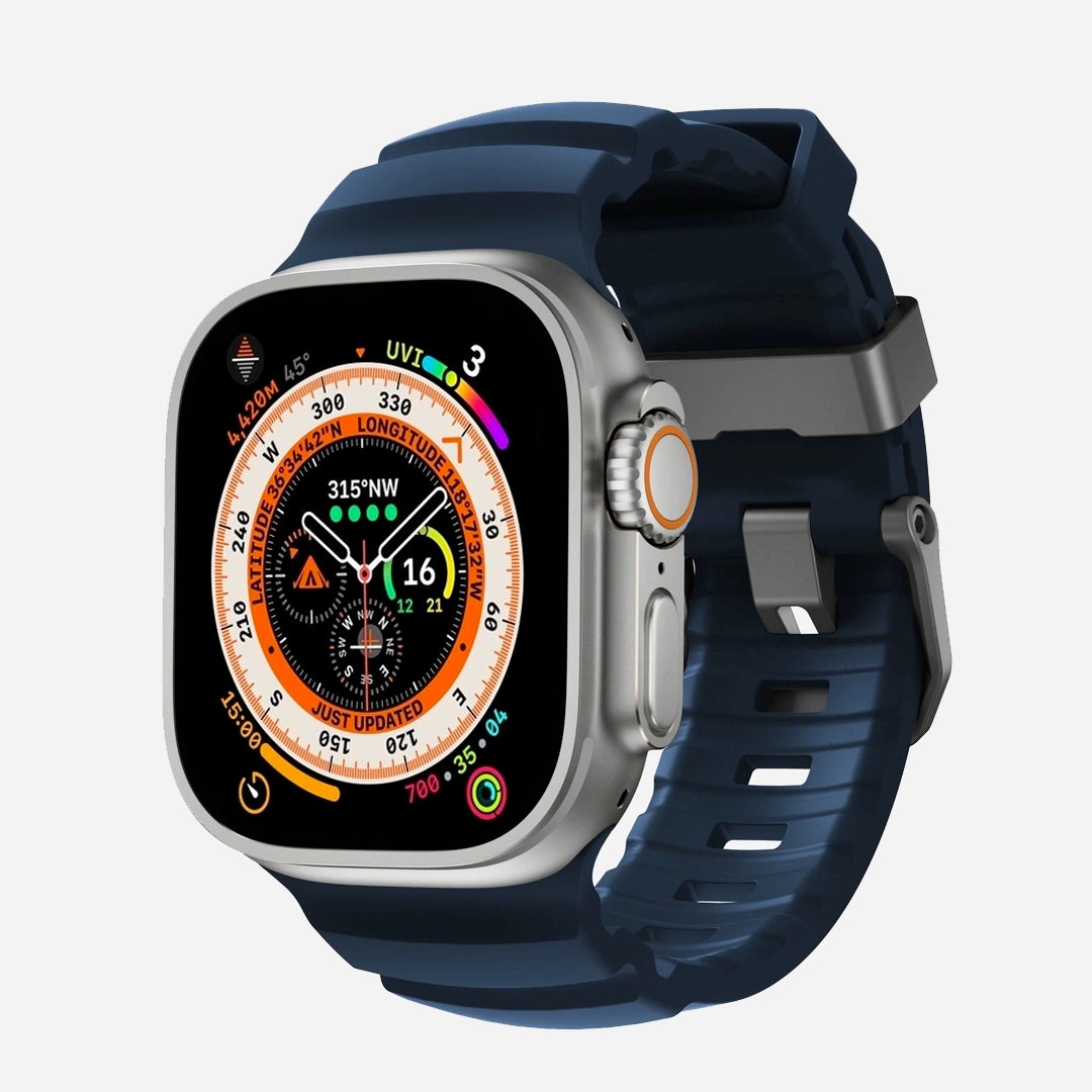 Navy blue colour premium silicone extra thick watch strap band designed for adventurers and mountain hiking for Apple watch series 10 size 46mm and Ultra 2