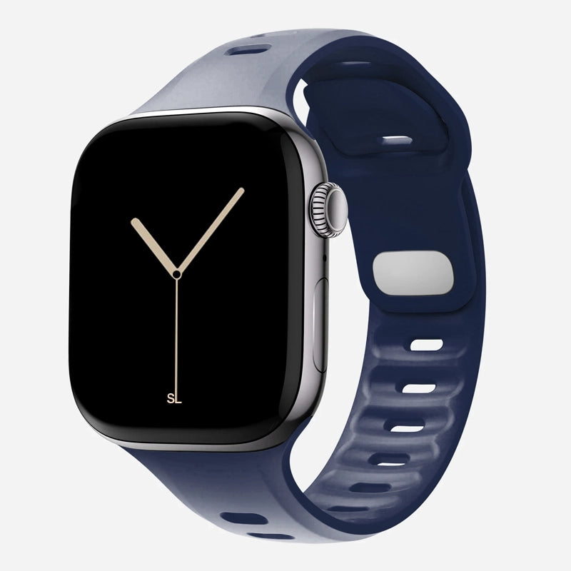 A navy blue colour premium silicone watch strap developed for apple watch series 11 size 42mm 46mm and apple watch ultra 3, designed for active sports activities with interior groves for breathability