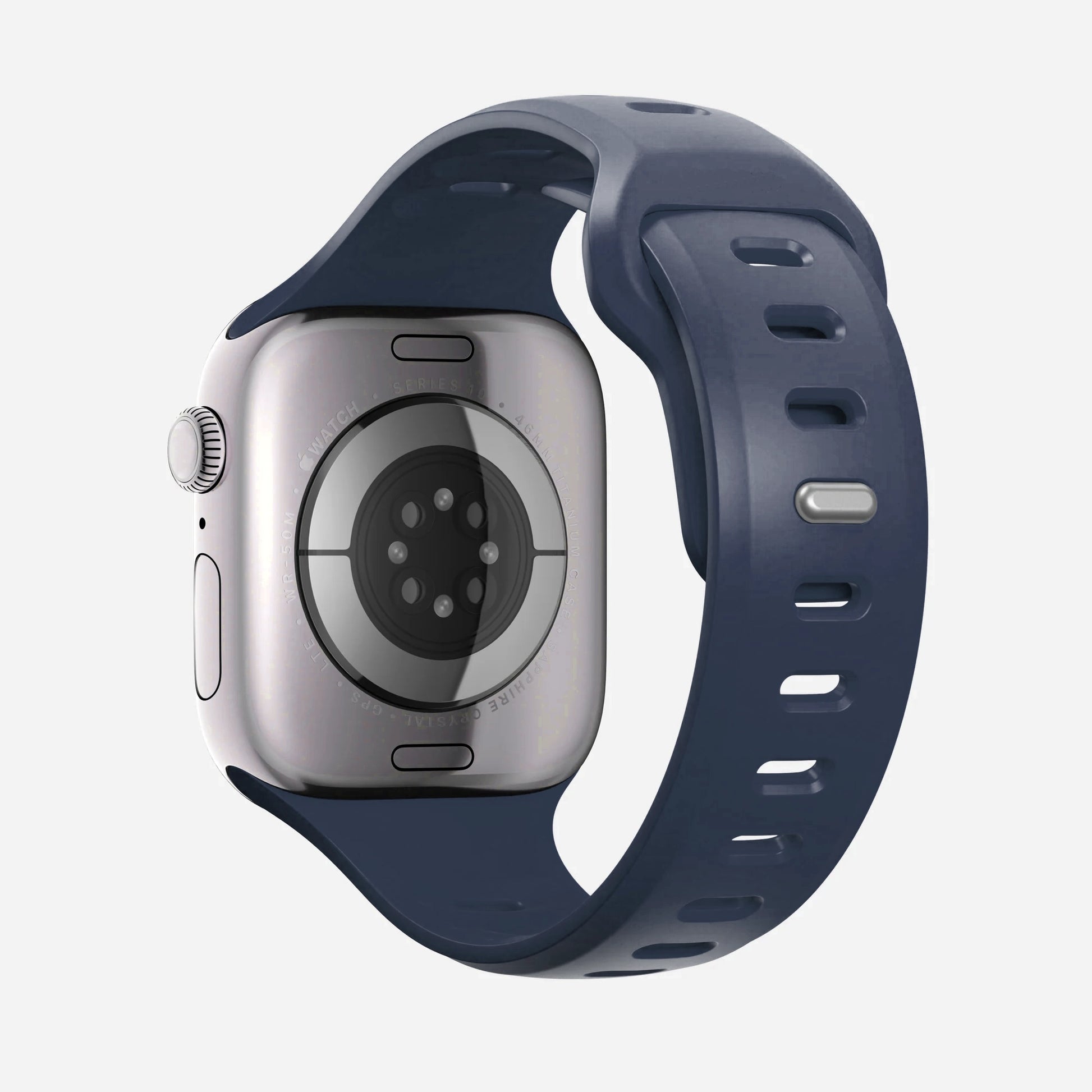 A navy blue colour premium silicone watch strap developed for apple watch series 11 size 42mm 46mm and apple watch ultra 3, designed for active sports activities with interior groves for breathability