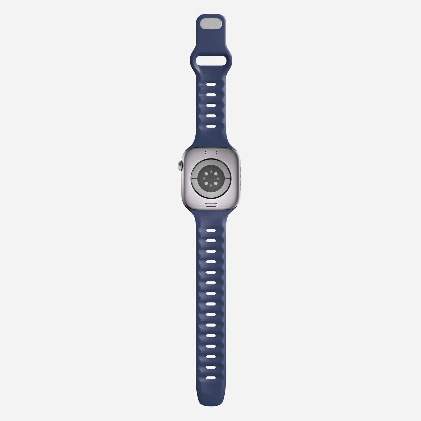 A navy blue colour premium silicone watch strap developed for apple watch series 11 size 42mm 46mm and apple watch ultra 3, designed for active sports activities with interior groves for breathability