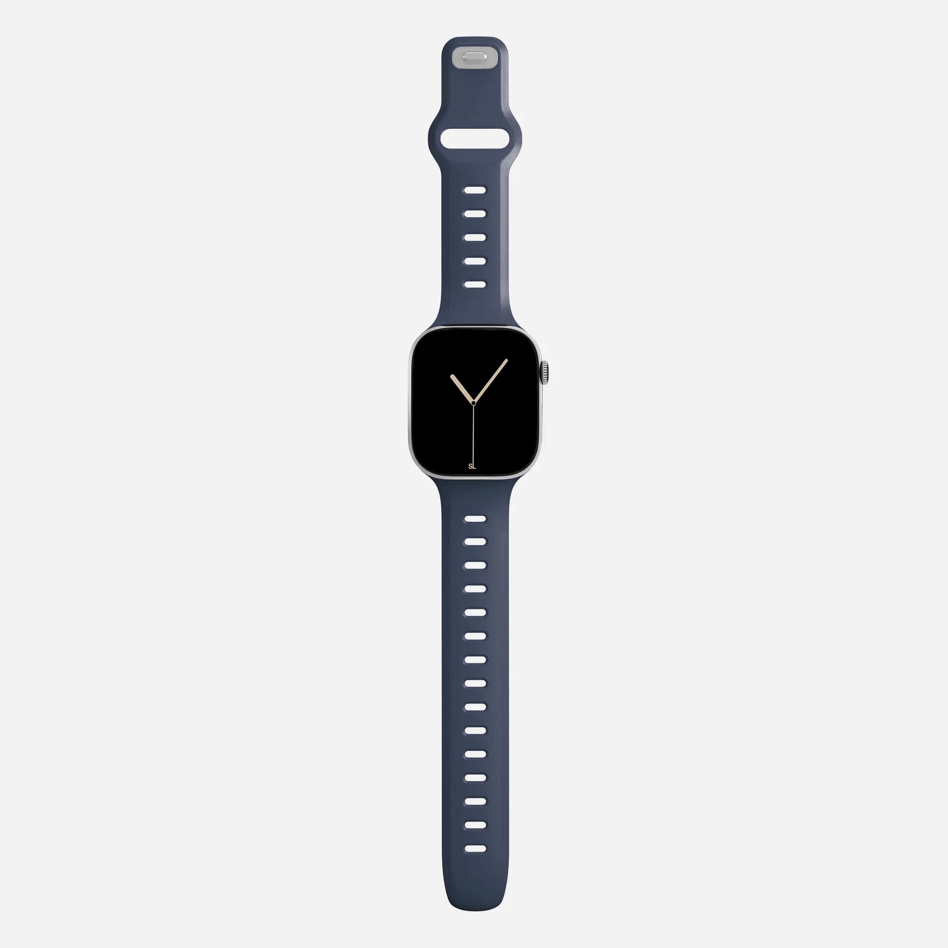 A navy blue colour premium silicone watch strap developed for apple watch series 11 size 42mm 46mm and apple watch ultra 3, designed for active sports activities with interior groves for breathability