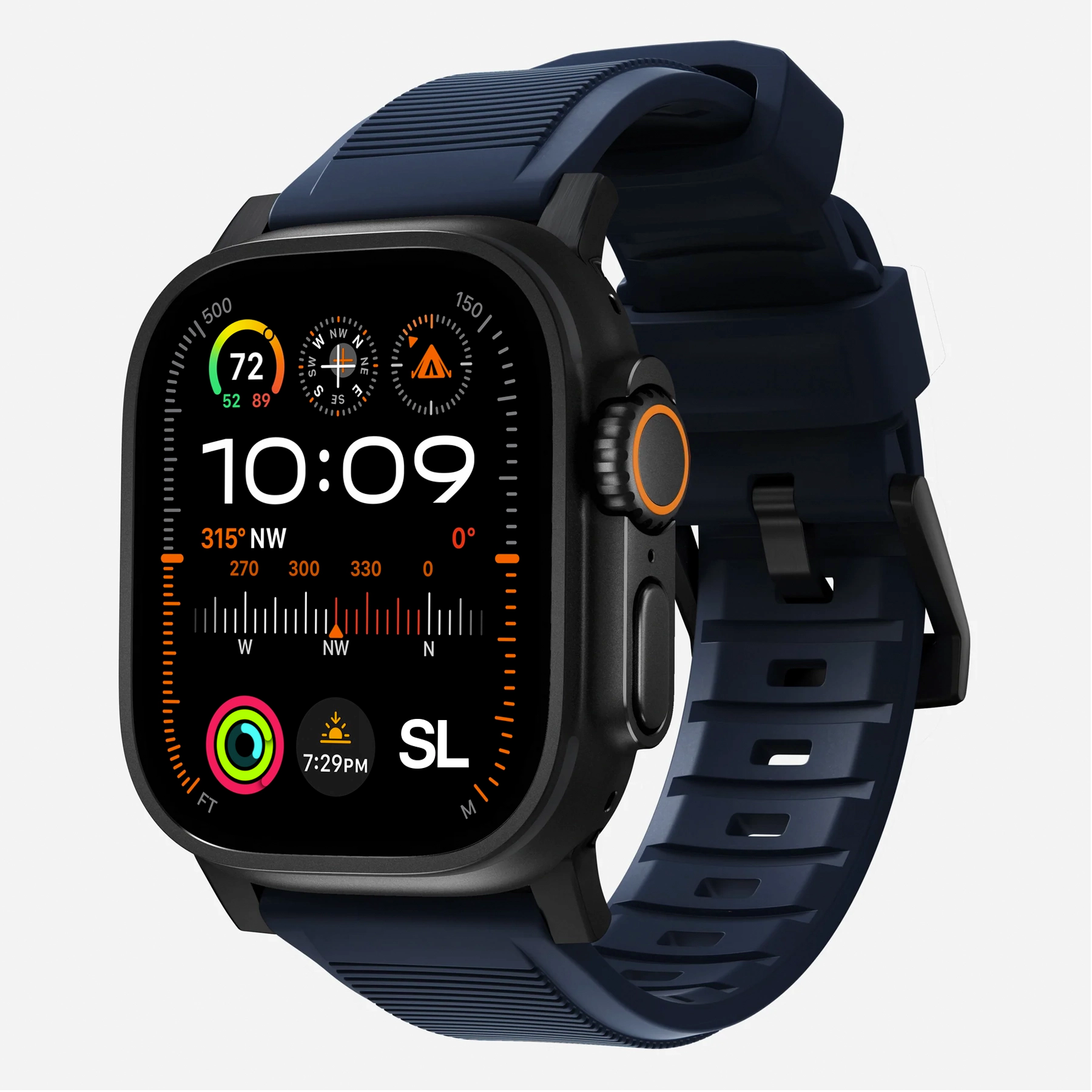 New navy blue silicone with metal connectors, pin and buckle watch strap with compression grooves designed for apple watch series 10 45mm and ultra 2 side angle