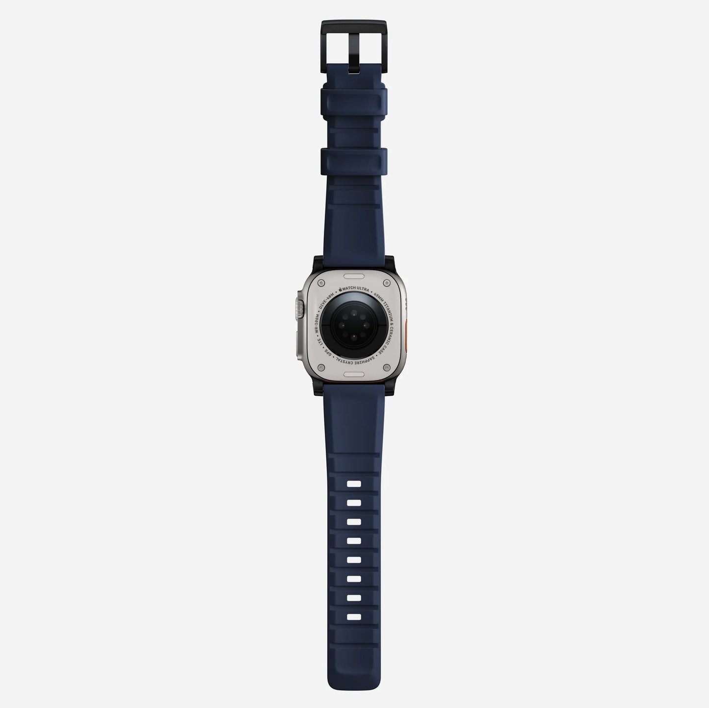 New navy blue silicone with metal connectors, pin and buckle watch strap with compression grooves designed for apple watch series 10 45mm and ultra 2 side angle