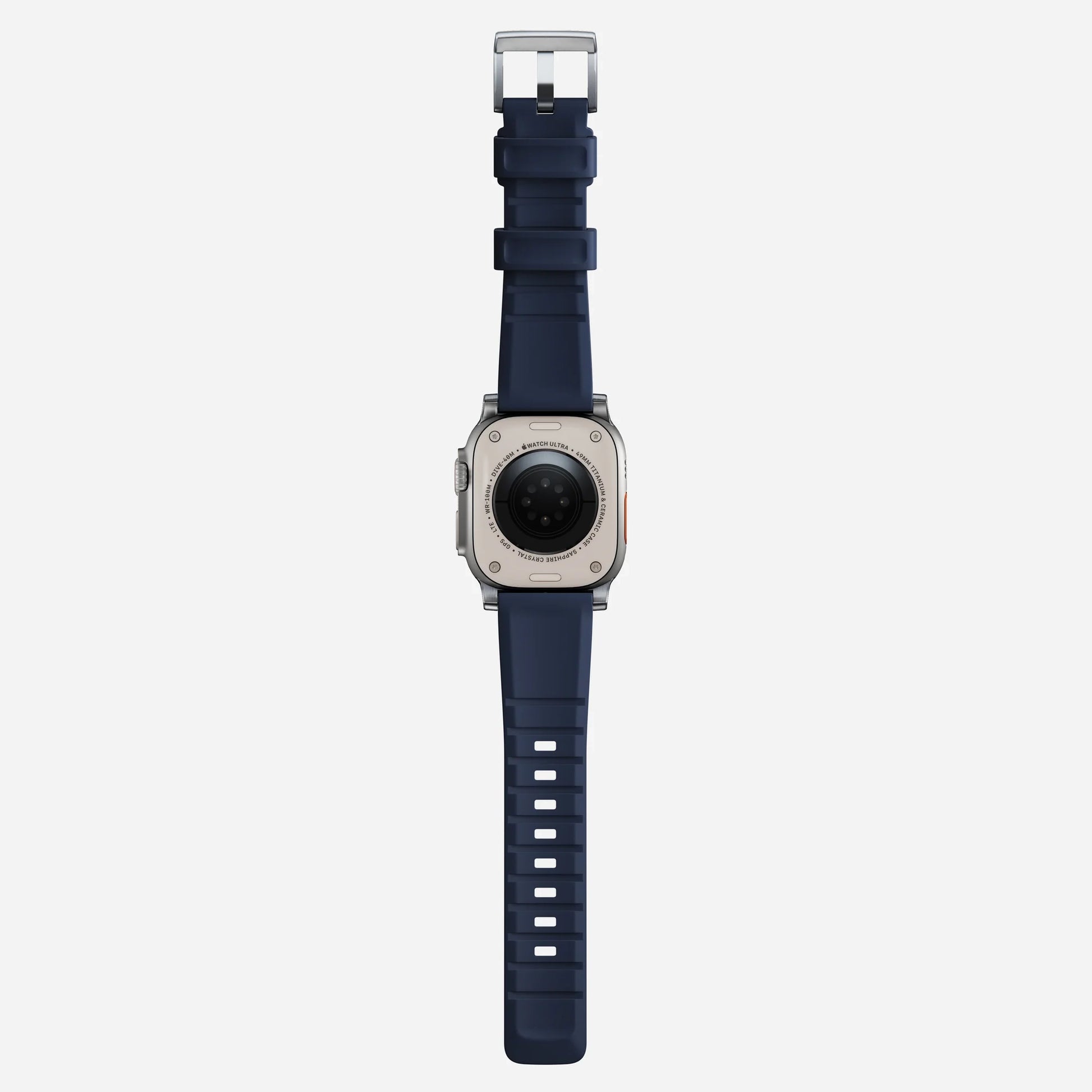 New navy blue silicone with metal connectors, pin and buckle watch strap with compression grooves designed for apple watch series 10 45mm and ultra 2 side angle