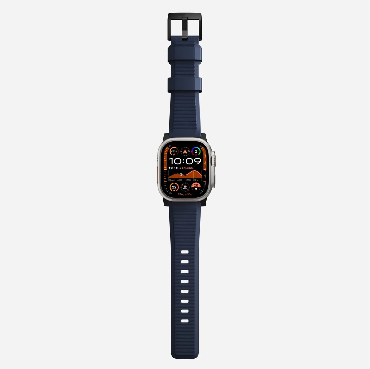 New navy blue silicone with metal connectors, pin and buckle watch strap with compression grooves designed for apple watch series 10 45mm and ultra 2 side angle