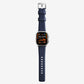 New navy blue silicone with metal connectors, pin and buckle watch strap with compression grooves designed for apple watch series 10 45mm and ultra 2 side angle