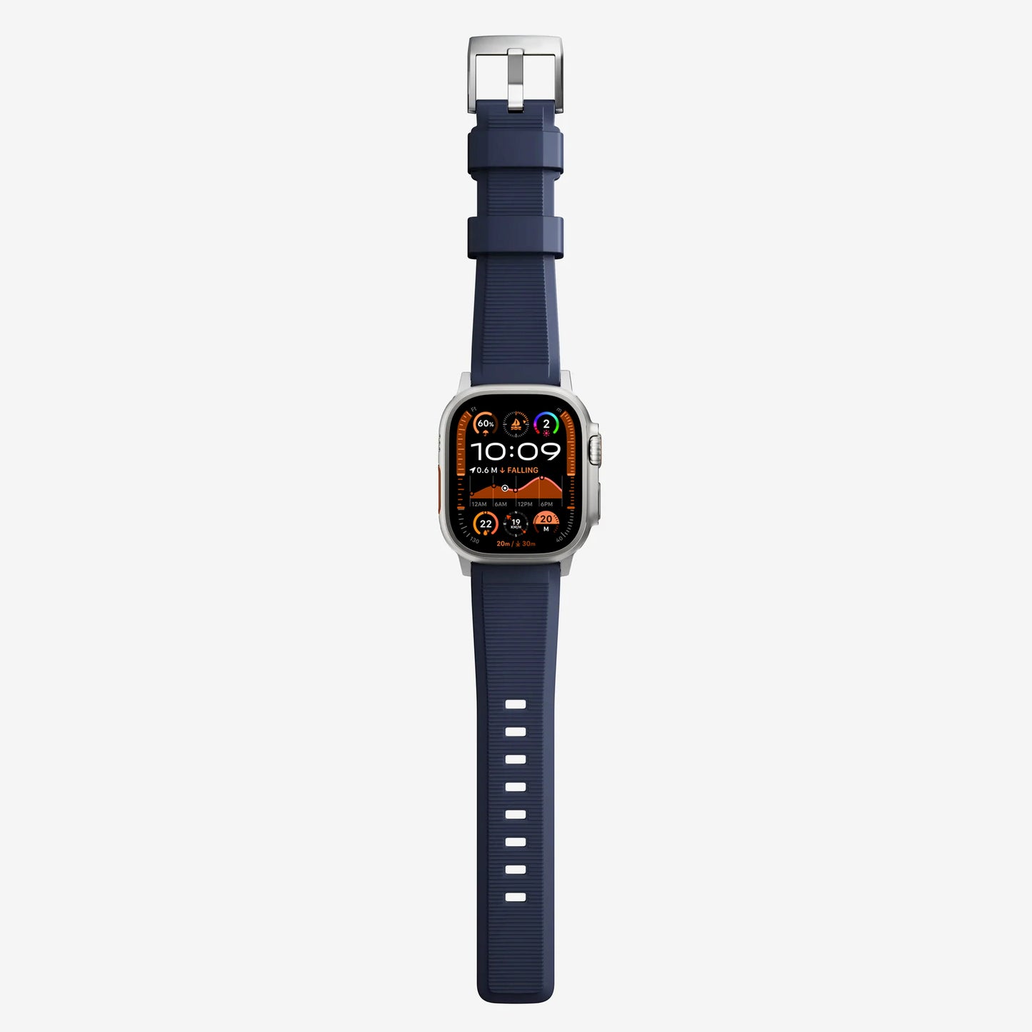 New navy blue silicone with metal connectors, pin and buckle watch strap with compression grooves designed for apple watch series 10 45mm and ultra 2 side angle