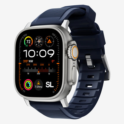 New navy blue silicone with metal connectors, pin and buckle watch strap with compression grooves designed for apple watch series 10 45mm and ultra 2 side angle