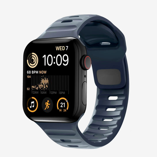 A navy blue colour silicon watch strap on an apple watch series 8 45mm for active sports