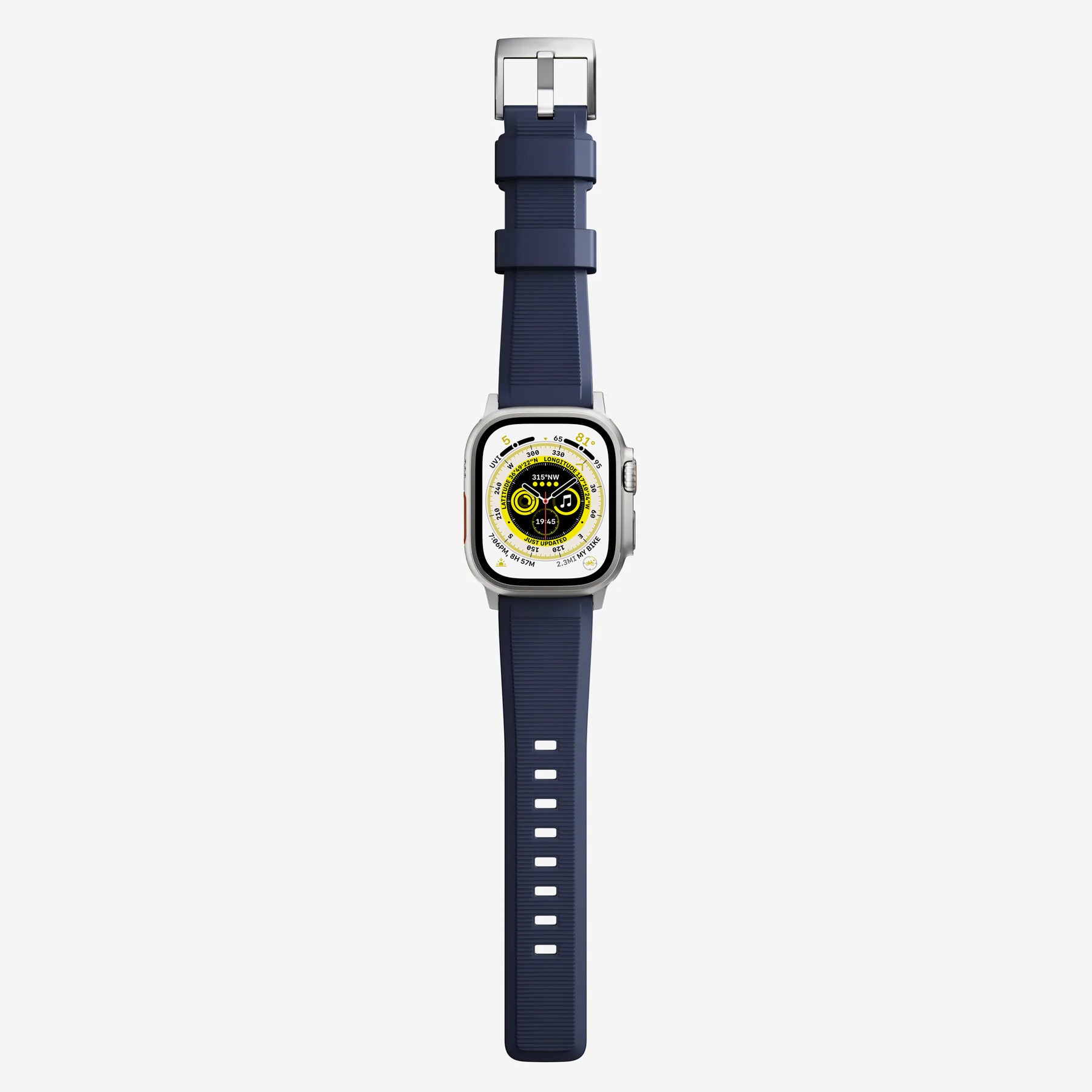 New navy blue silicon with metal connectors, pin and buckle watch strap with compression grooves designed for apple watch series 9 45mm and ultra 2 side angle