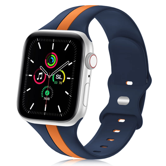 A navy and orange two colour silicon sport strap for apple watch series 9 41mm