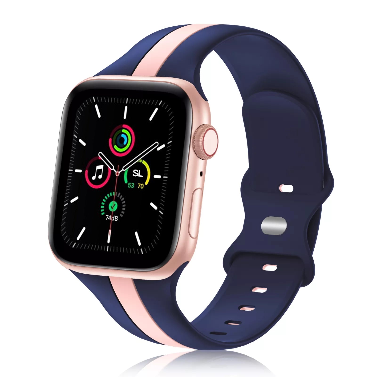 A navy blue and pink two colour silicon sport strap for apple watch series 9 41mm