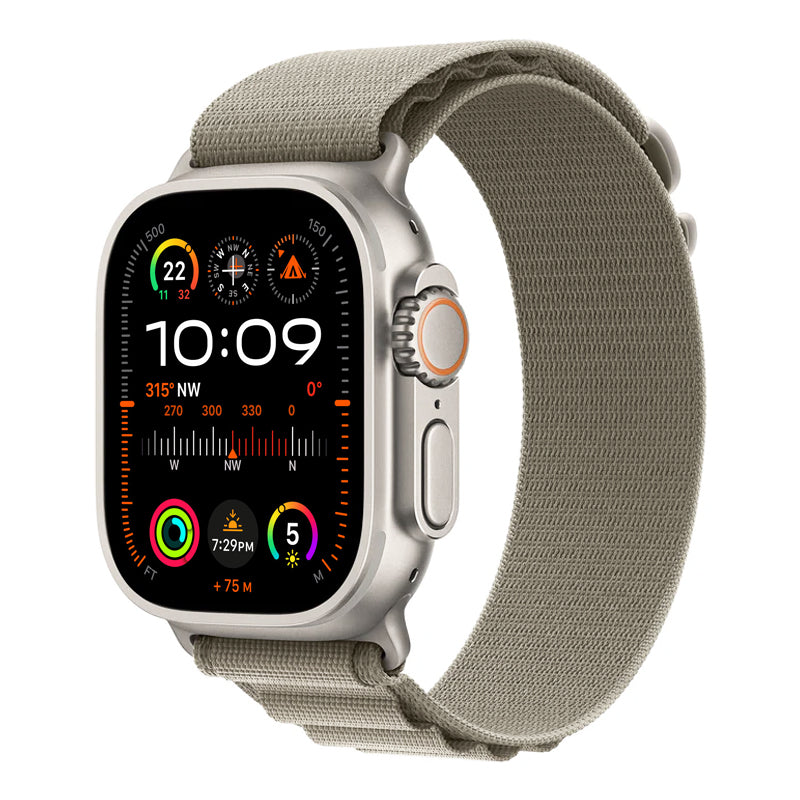 A olive grey colour premium nylon watch strap band designed for adventurers and explorers that wear the Apple watch series 10 and Ultra 2