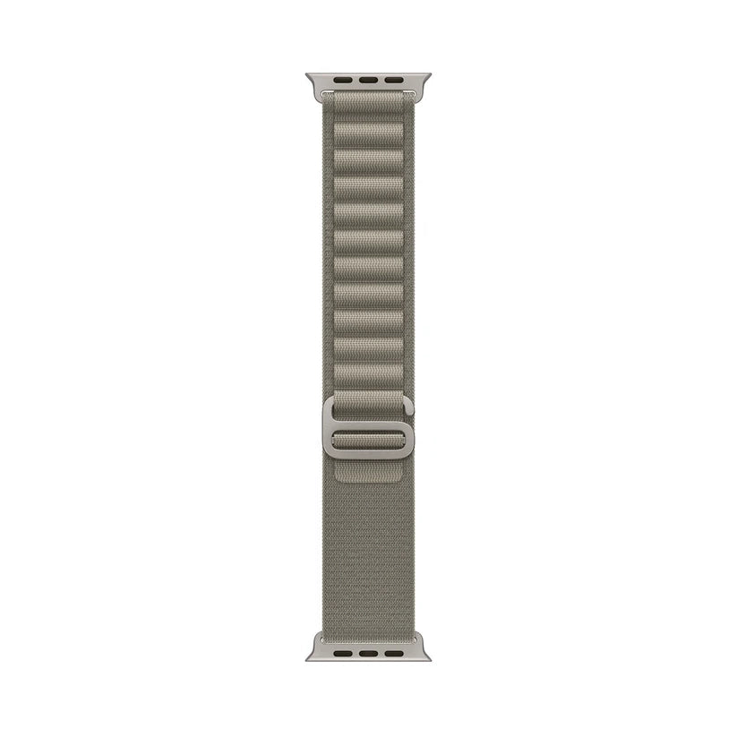 A olive grey colour premium nylon watch strap band designed for adventurers and explorers that wear the Apple watch series 10 and Ultra 2