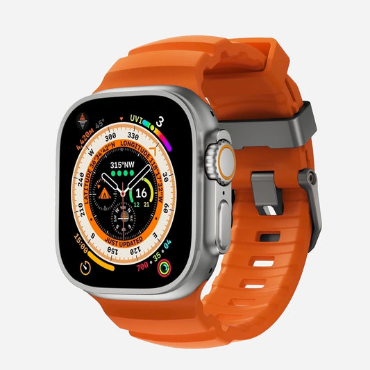 Orange colour premium silicone extra thick watch strap band designed for adventurers and mountain hiking for Apple watch series 10 size 46mm and Ultra 2