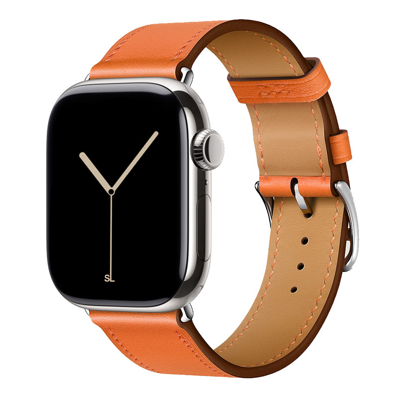 Orange colour leather strap band for apple watch series 11 42mm and 46mm with a stainless steel pin and buckle