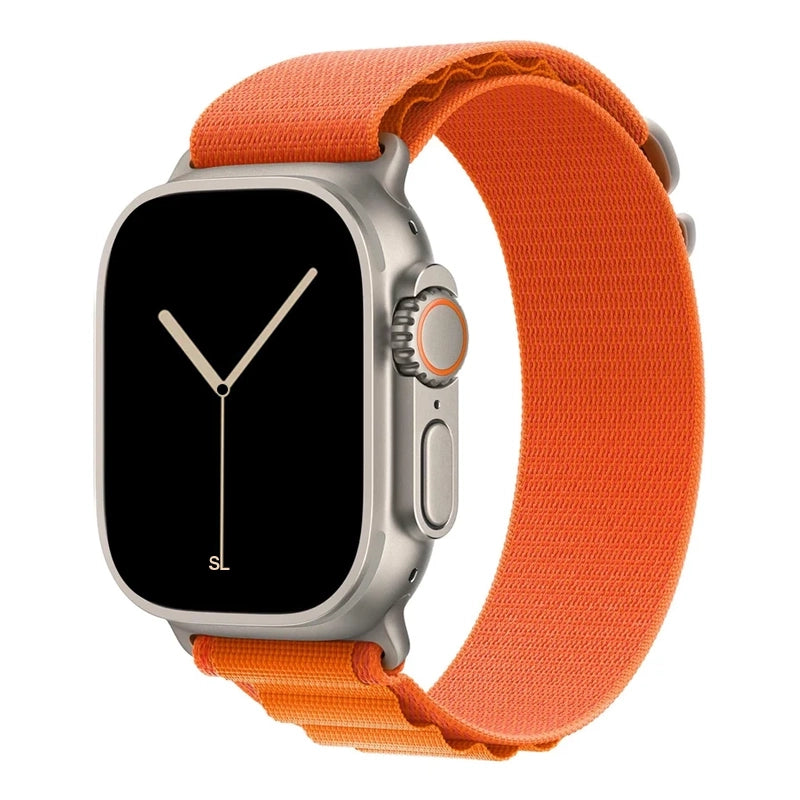 A orange colour premium nylon watch strap band designed for adventurers and explorers that wear the Apple watch series 10 and Ultra 2