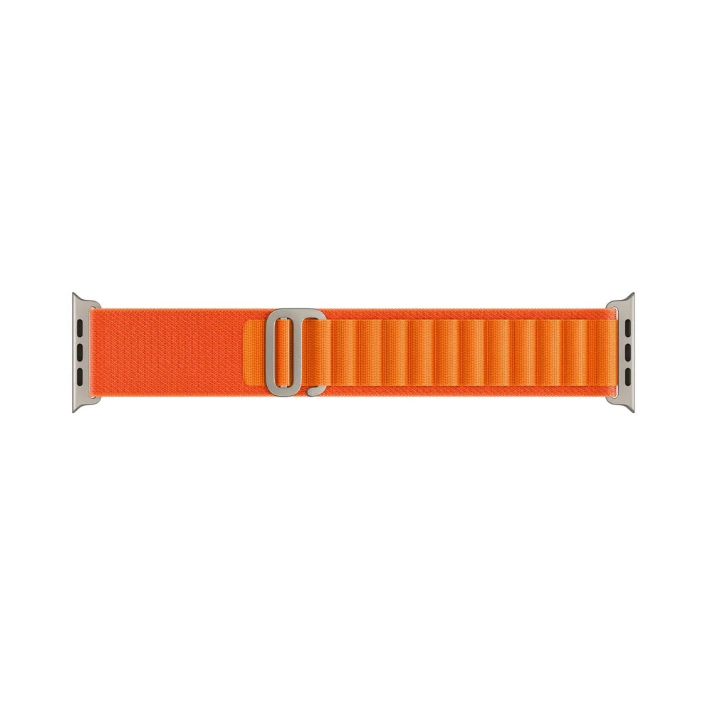 A orange colour premium nylon watch strap band designed for adventurers and explorers that wear the Apple watch series 10 and Ultra 2
