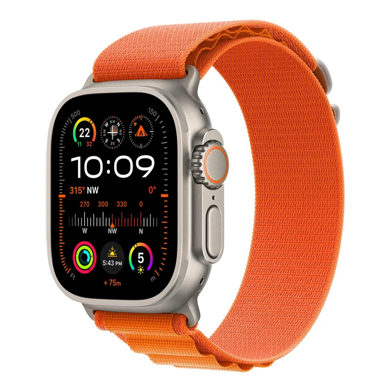 An orange colour premium nylon watch strap band designed for adventurers and explorers that wear the Apple watch series 10 and Ultra 2