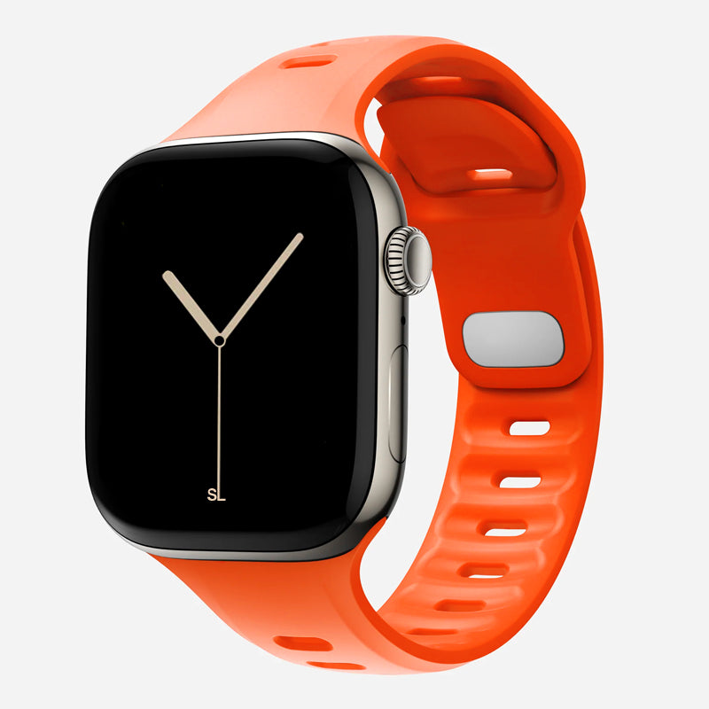 A orange colour premium silicone watch strap developed for apple watch series 11 size 42mm 46mm and apple watch ultra 3, designed for active sports activities with interior groves for breathability