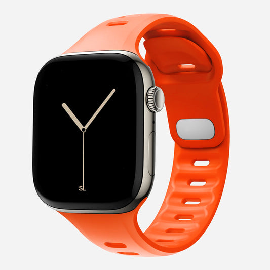 A orange colour premium silicone watch strap developed for apple watch series 11 size 42mm 46mm and apple watch ultra 3, designed for active sports activities with interior groves for breathability