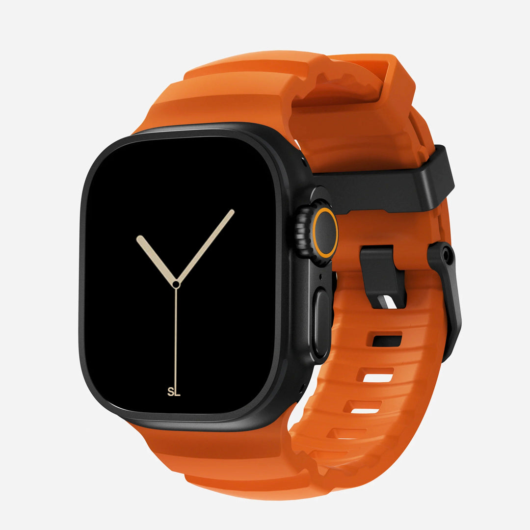 Orange colour premium silicone extra thick watch strap band designed for adventurers and mountain hiking for Apple watch series 11 size 46mm and Ultra 3 49mm