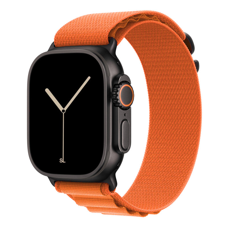 A orange colour premium nylon watch strap band with black metal buckle hardware designed for adventurers and explorers that wear the Apple watch series 11 and Ultra 3