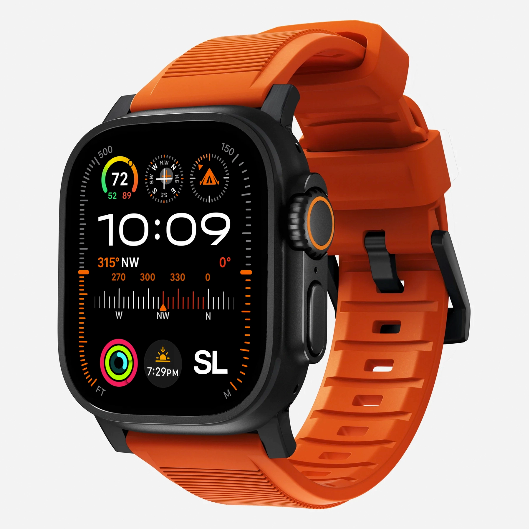 New orange silicone with metal connectors, pin and buckle watch strap with compression grooves designed for apple watch series 10 45mm and ultra 2 side angle