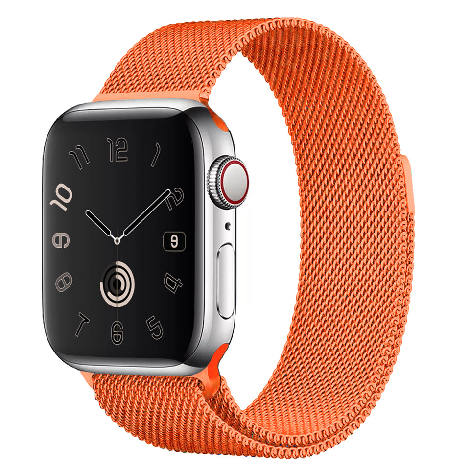 An orange colour stainless steel Milanese loop watch strap for the latest apple watch series 41mm and 45mm