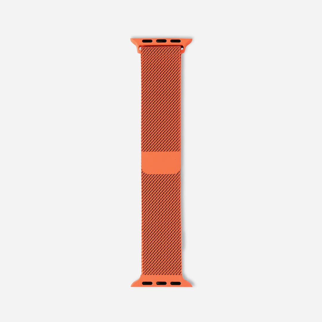 An orange colour stainless steel Milanese loop watch strap for the latest apple watch series 41mm and 45mm