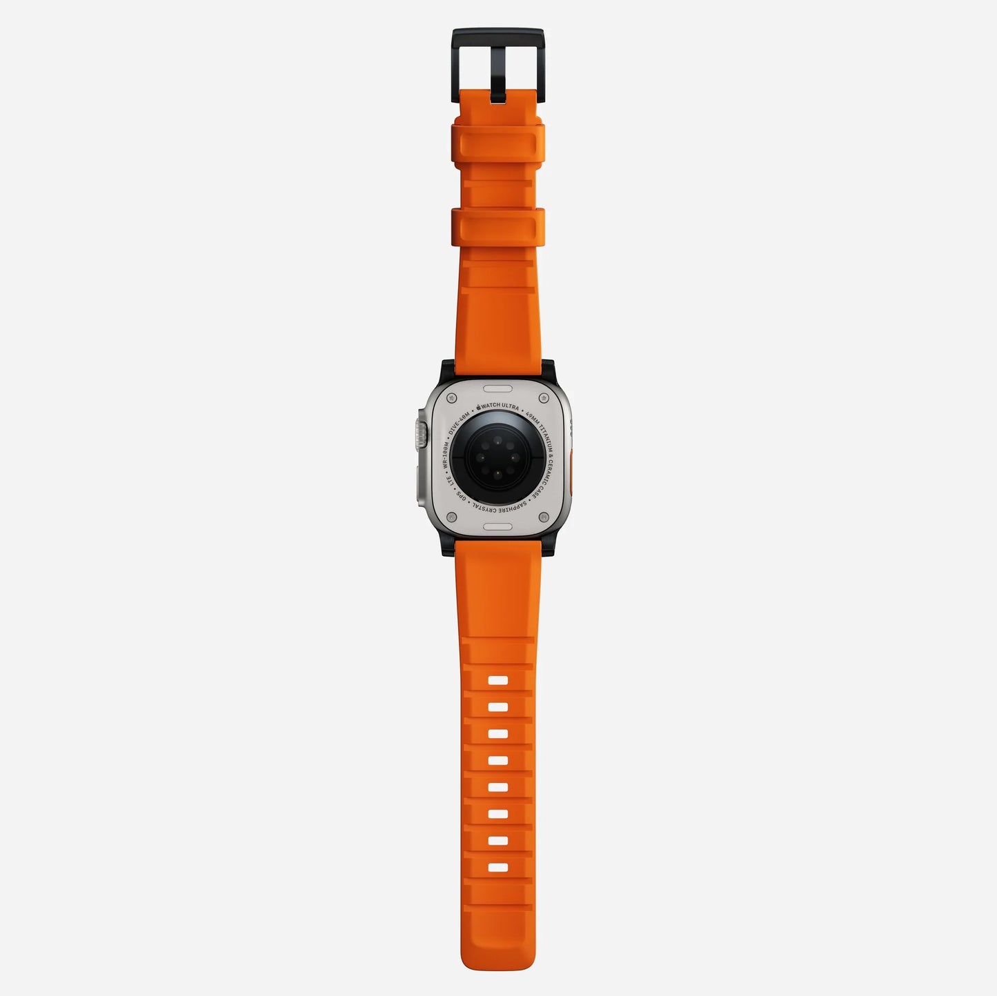 New orange silicone with metal connectors, pin and buckle watch strap with compression grooves designed for apple watch series 10 45mm and ultra 2 side angle