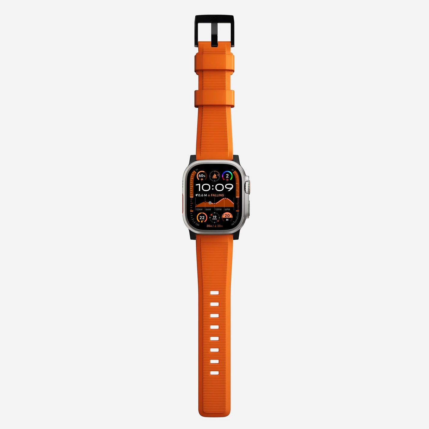 New orange silicone with metal connectors, pin and buckle watch strap with compression grooves designed for apple watch series 10 45mm and ultra 2 side angle