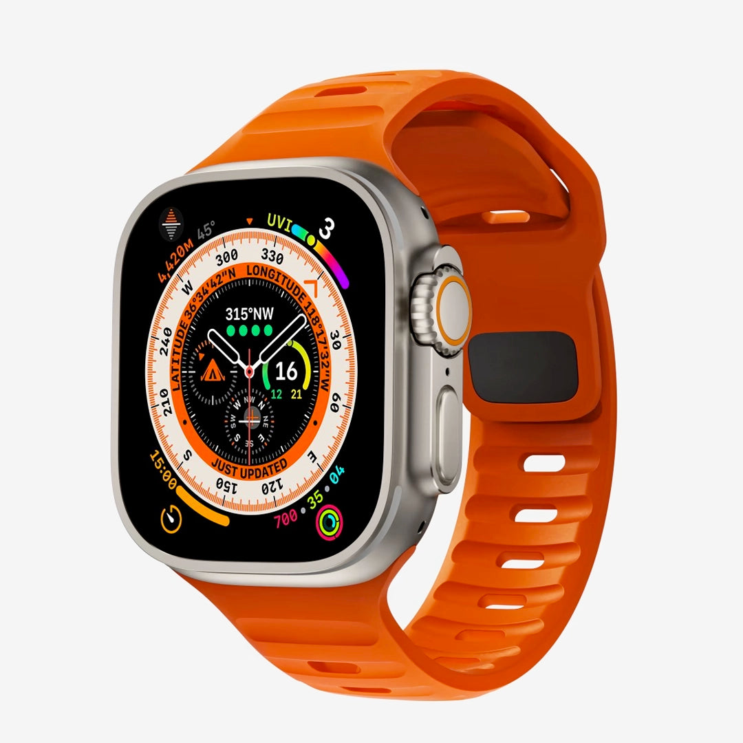A orange colour silicon watch strap for apple watch ultra designed for sports and active activities