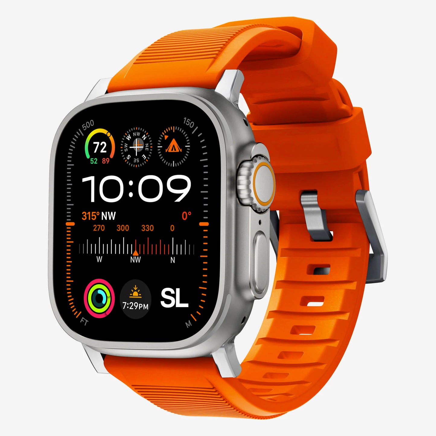 New orange silicon with metal connectors, pin and buckle watch strap with compression grooves designed for apple watch series 9 45mm and ultra 2  side angle