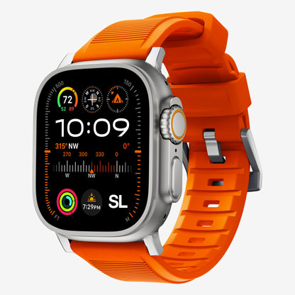 New orange silicone with metal connectors, pin and buckle watch strap with compression grooves designed for apple watch series 10 45mm and ultra 2 side angle